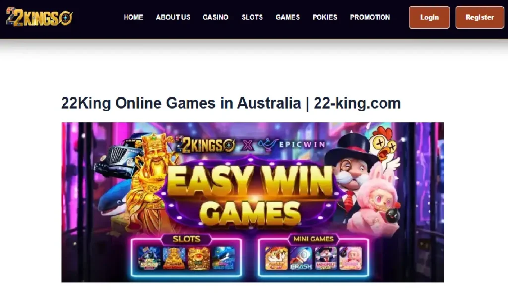 22KING games lobby with pokies and casino category navigation