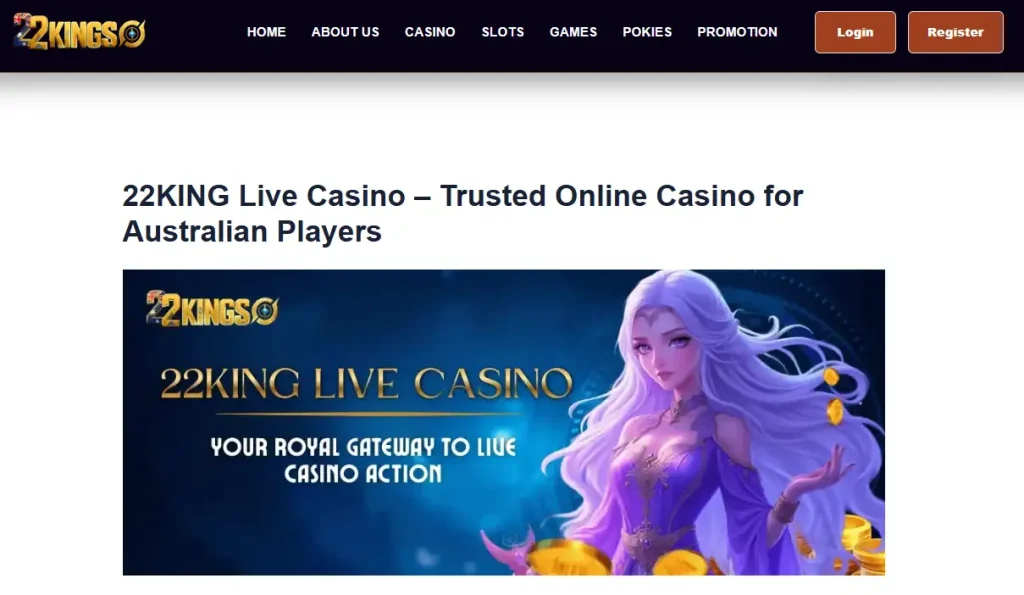 22KING live casino interface showing the current live game selection