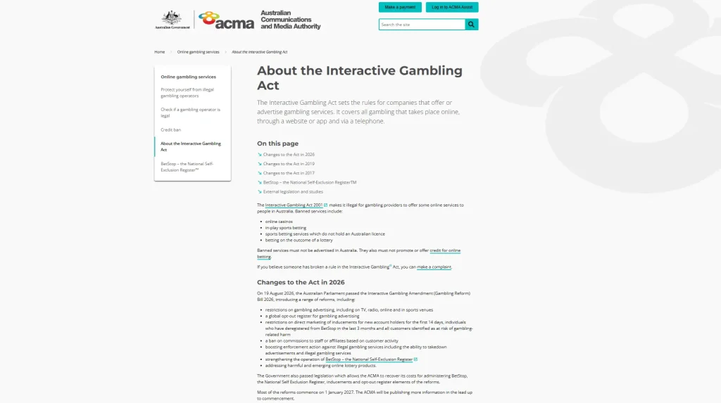 ACMA Interactive Gambling Act guidance covering online casino restrictions and regulatory changes