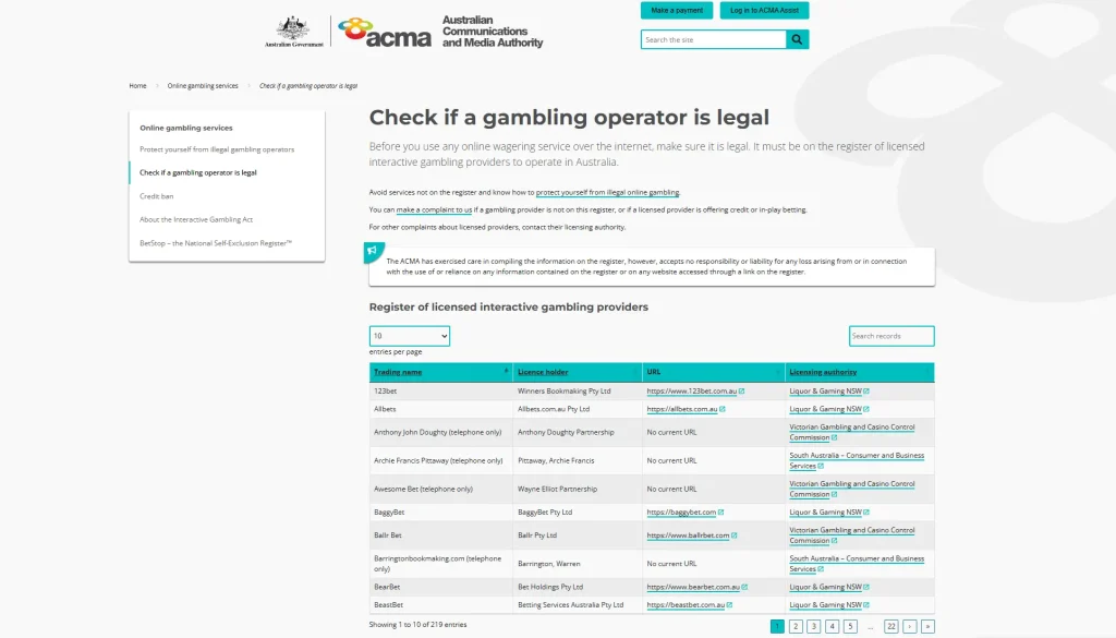ACMA licence-check register used to verify whether a wagering provider is licensed in Australia