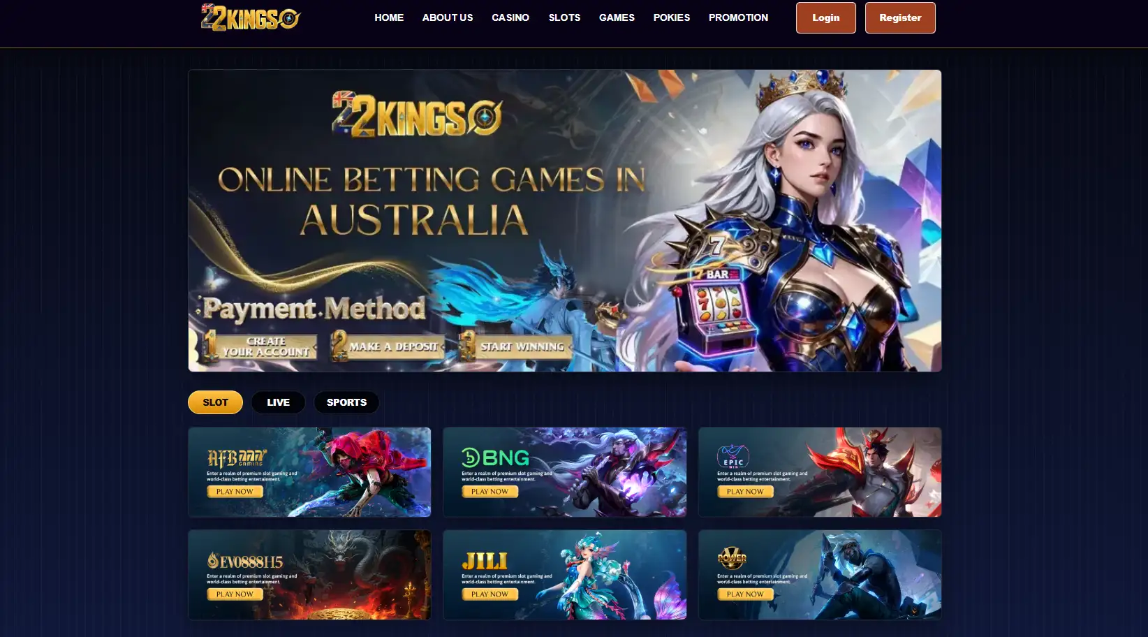 Current 22KING Australia-facing homepage interface