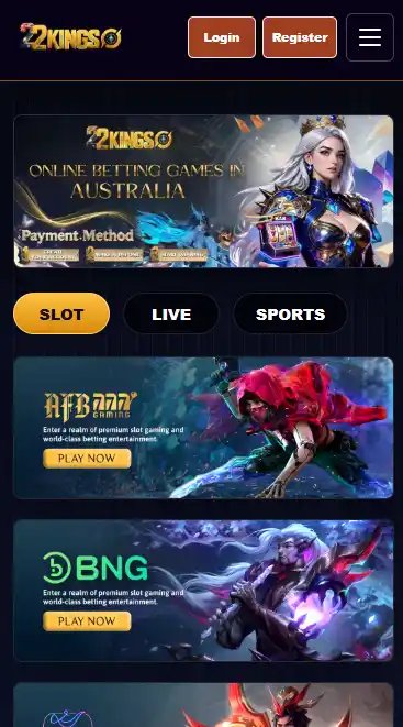 Current 22KING homepage or game lobby displayed in a mobile browser viewport