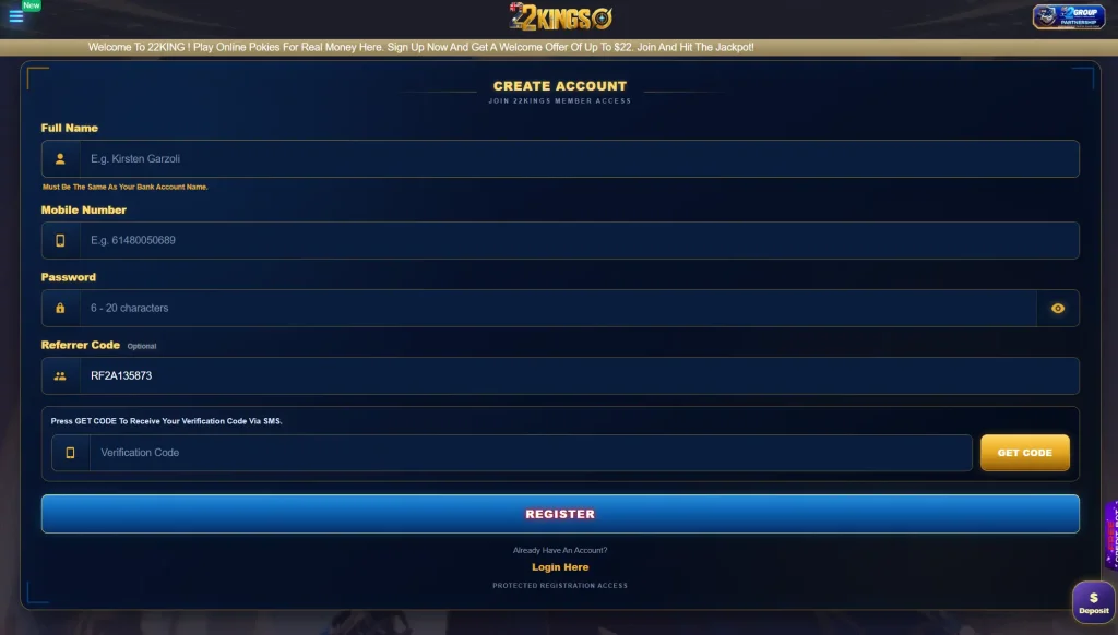 Current 22KING registration screen showing the live account creation interface for Australian users