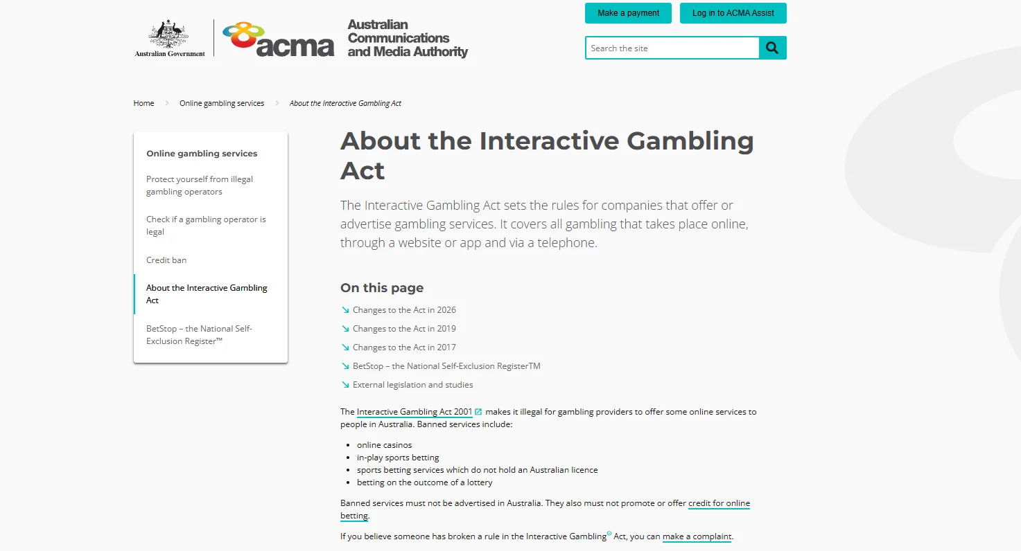 Current ACMA Interactive Gambling Act page showing Australian online casino rules