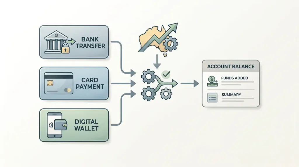 Editorial illustration of an AUD deposit decision flow using generic bank transfer, card and mobile wallet symbols