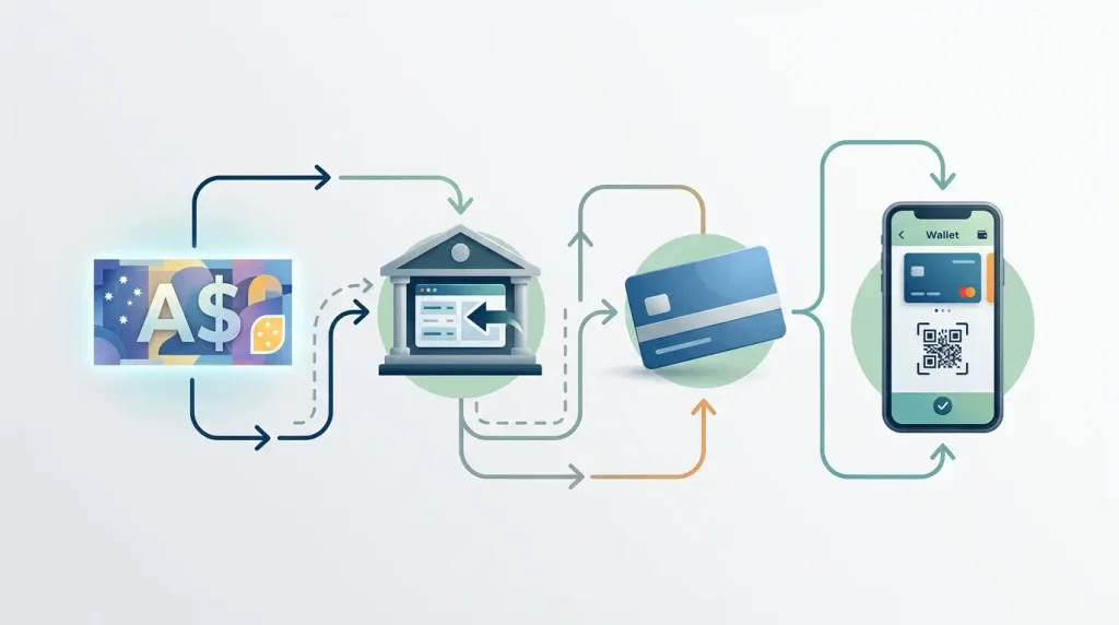 Editorial illustration of Australian online payment flows with AUD, bank transfer, card and mobile-wallet concepts