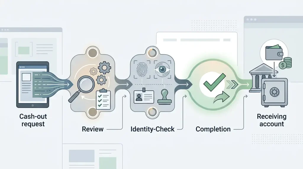 Neutral editorial illustration of a withdrawal request moving through review, verification and completion stages without promised timing
